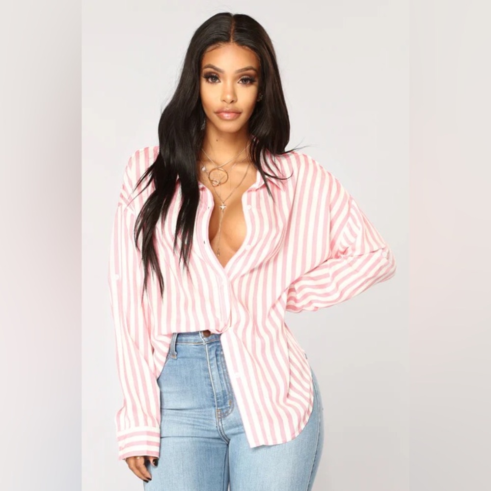 •Playin Games• Pink & White Stripe Relaxed Fit Oversized Long Sleeve Button-Down - Picture 3 of 7